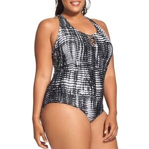 Speedo Knotted Crisscross One Piece Swimsuit Plus Size 22W Racerback Black White